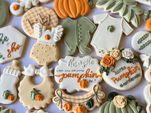 Load image into Gallery viewer, He or she Pumpkin Fall Baby shower cookies