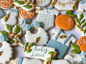 A little cutie is on the way, orange theme Baby shower cookies