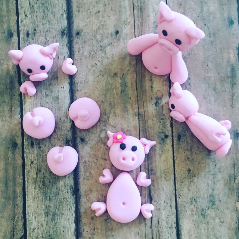 Edible Fondant Pigs Cake Toppers for Swimming Pigs in Kit Kat Barrel Cake